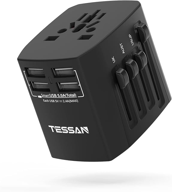 TESSAN Uniwersalny Wtyczka Adapter Podróżny, Uniwersalna Wtyczka z 4 USB, Międzynarodowy Adapter Podróżny do UE, Wielkiej Brytanii, Ameryki, Kanady, Australii i Innych Krajów