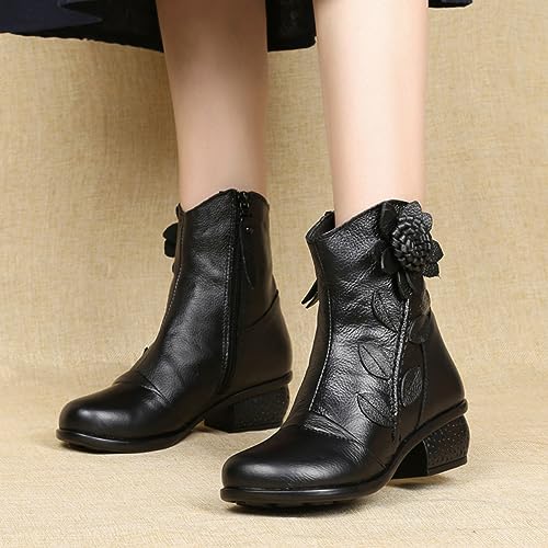 Women's Leather Mid Calf Half Boots Ethnic Floral Round Toe Block Low Heel Ankle Booties with Side Zipper3