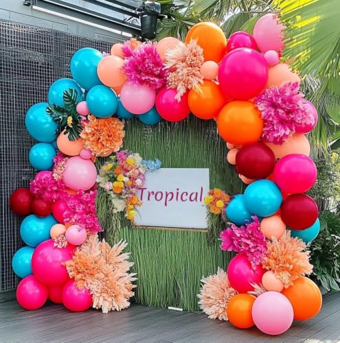 Image of Hot Pink Blue Orange Balloon Garland - Double Stuffed Teal Orange Pastel Pink Peach Latex Metallic Burgundy Balloon Arch Kit for Colorful Baby Shower Tropical Summer Birthday Party Decoration
