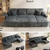 Sleeper Sectional Sofa, 110' Modern U Shaped Couch with Pull Out Bed, Convertible Corduroy Cloud Sofa with Double Storage Chaise, USB, Small Desktop, Comfy Modular Couch for Living Room, Grey