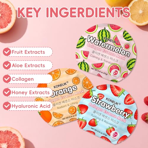 KONEUK 6 Pack Colorful Fruit Face Masks Skincare, Sheet Hydrating Face Mask, Collagen Facial Mask for Skin Care, for Mom, Bulk Teacher Gifts, Nurse Gifts and Spa Party Gifts