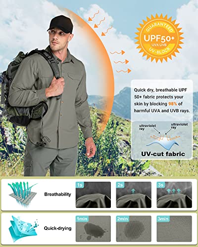 Outdoor Ventures Men's Upf 50+ Uv Sun Protection Spf Hiking Shirt Long Sleeve Lightweight Quick Dry For Safari Travel Fishing Grey Green #TOP3