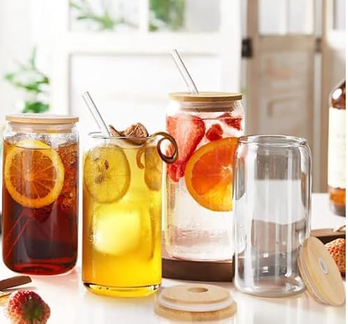 Glass Can Cups with Bamboo Lids and Glass Straws, Clear, Set of 4, for Iced Coffee and Beverages