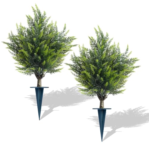 EverNature 2 Pack Artificial Cedar Topiary Ball Trees with Ground Spike,28"