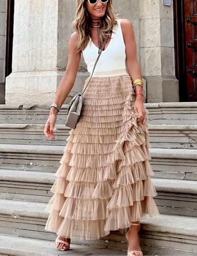 Yimoon Womens Long Maxi Tulle Skirts A Line High Waisted Tiered Layered Midi Skirt Tutu Ruffle Pleated Mesh Petticoat2
