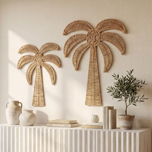 Cinnvoice 2 Pcs Summer Rattan Palm Tree Wall Decor Coastal Tropical Beach Wall Hanging Decorations for Boho Living Room Bathroom Bedroom Patio Party Decorations