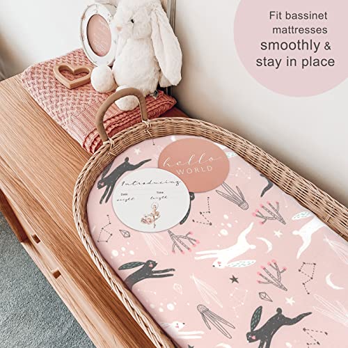 Image of GRSSDER Stretchy Ultra Soft Fitted Bassinet Sheet Set 2 Pack, Universal Fit for Bassinets Baby Cradle Moses Basket Oval Rectangle Pad /Mattress, Cute Foxes and Rabbits Bassinet Sheets for Girls
