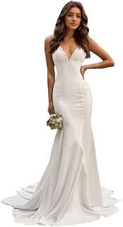 Trumpet/Mermaid Elegant V Neck Sleeveless Bridal Gown Reception Wedding Dresses Stretch Crepe Chapel Train 2024