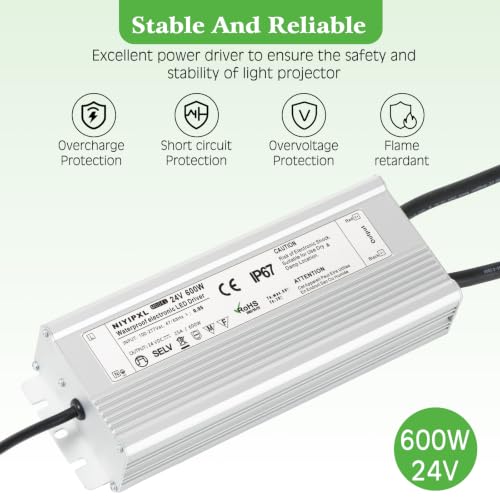 Image of LED Driver 600 Watts(300W X2) 24V DC Transformer,Waterproof IP67 Power Supply, Adapter with 3-Prong Plug 4.9 Feet Cable for Any DC led Lights, Computer Project, Outdoor Light