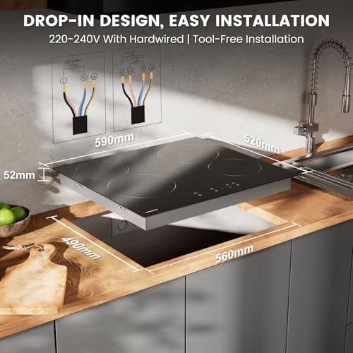 AURAKICH Ceramic Hob 59cm 4 Zone Electric Hob Built-in, Abrasion-Resistant Glass, 6000W Touch Control with 2-Year Warranty, 9 Power Levels, Timer, Child Lock, Residual Heat Indicator (No Plug)