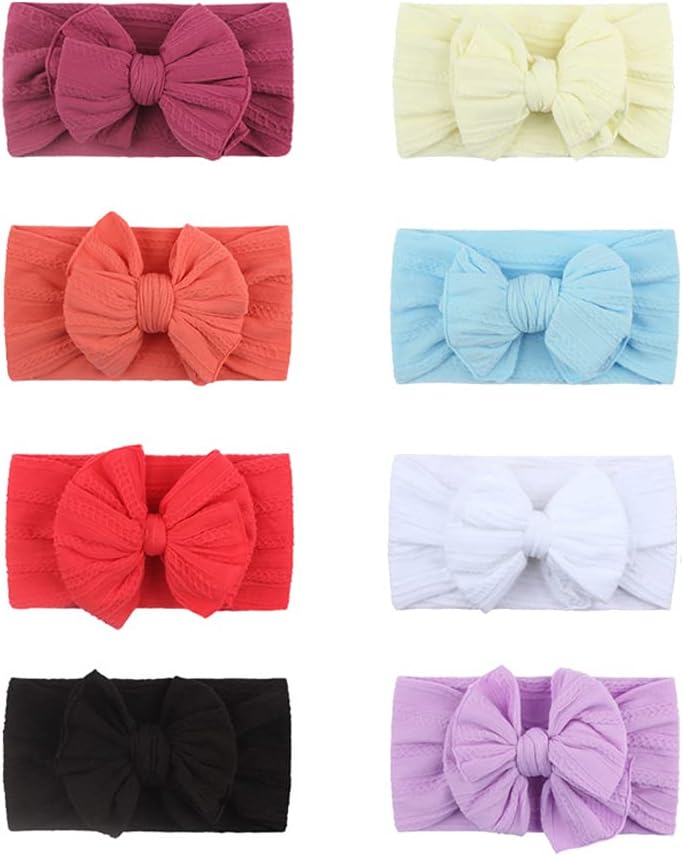 8pcs Baby Nylon Headband Elastic And Soft Double-layer Bow Headband Set Baby Girl Turban, Multicolor, 6*3.5