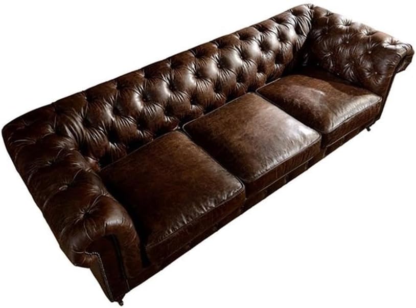 Pemberly Row Top Grain Leather Fully Assembled Chesterfield 95" Leather Sofa in Brown Finish, Full-Size Living Room Seating, Upholstered Leather Sofa for Residential or Commercial Use