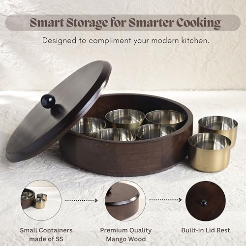Image of Handcrafted Wooden Spice Box with Lid - Round Masala Dabba Organizer with 7 Stainless Steel Containers for Spices, Condiments & Kitchen Storage