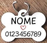 Medaglietta PERSONALIZZATA cane forma di osso NOME telefono bianca cuore rosso