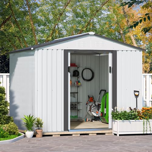 JAXPETY 8'x8' Garden Shed, Large Metal Lockable Outdoor Storage Shed & Outdoor Storage Garden Shed Tool Outdoor Storage Shed with Sliding Doors and Air Vent for Backyard, Patio, Lawn White & Grey
