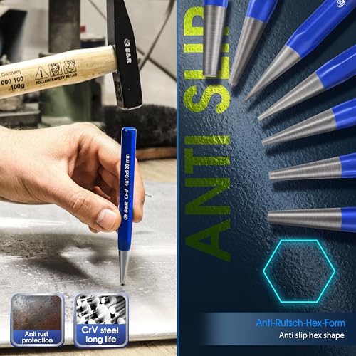 S&R Durchtreiber- und Ankörner-Satz (1-6 mm) aus hitzegehärtetem Cr-V-Stahl, 52-58 HRC, Stahl, Aluminium, Farbmetalle und Holz – mit Korrosionsschutz, für Nieten, Bolzen und Federstifte im Handwerk