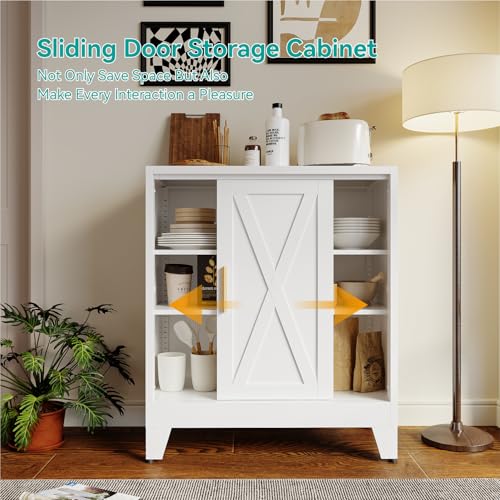 Image of 37 inch H Coffee Bar Storage Cabinet with Sliding Door and Adjustable Shelves,31.5 inch Wide by 15.8 inch Deep Small Metal Cabinet,Buffet Sideboard for Living Room Kitchen,White