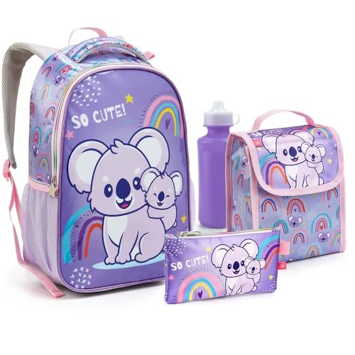 Mochila Infantil de Menina 16' Kit Escolar 5 Peças Estojo Lancheira Garrafinha Mosquetão Feminina Seanite