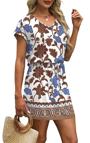 Image of OFEEFAN Summer Dresses for Women 2026 V Neck T Shirt Casual Mini Dresses Tie Waist Sundresses with Pockets