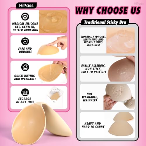 Hipass Adhesive Sticky Bra, Push Up Invisible Bras for Backless Strapless Dress，Reusable Wireless Breast Lift Bras for Women Beige3