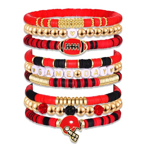 YAHPERN 9 Pack Game Day Football Bracelets for Women Stackable Red Black Heishi Beaded Friendship Bracelets Football Mom Accessories Game Day Outfits Jewelry Gifts