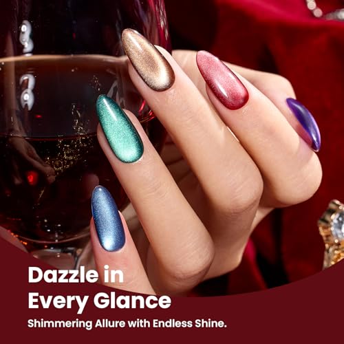 Image of Beetles Jewel Parade Cat Eye Gel Nail Polish Set - 6 Colors Glitter Cat Eye Gel Polish Kit Pink Purple Red Green Blue Brown Burgundy Magnetic Effect Soak Off UV Manicure Gift for Women