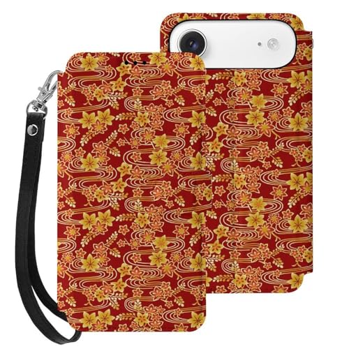 iPhone17Air用ケース カバー 手帳型 紅葉と水流 和風 アイフォン17Air カード収納 ストラップ付き 落下防止 横置きスタンド機能 全面保護 Case