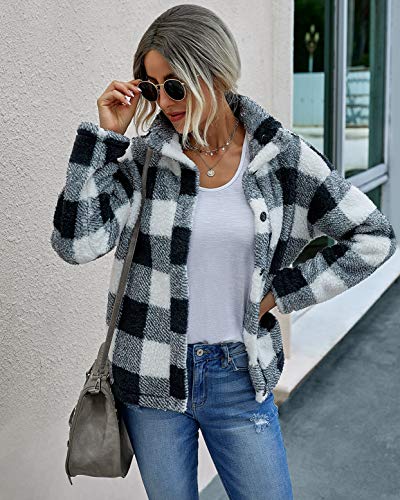 Ecowish Women Fleece Coat Plaid Fluffy Long Sleeve Button Down Jackets Winter Lapel Outerwear 100 Black White Medium #TOP4