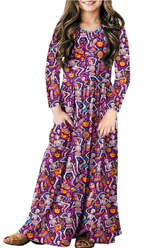 Image of Girls Halloween Maxi Dress Skeleton Day of Dead Sugar Skull Elastic Waist Pumpkin Dresses 7-8 Years
