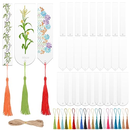 30 marcapáginas acrílicos en blanco, acrílicos en blanco para hacer tu propio marcapáginas con borlas para bricolaje