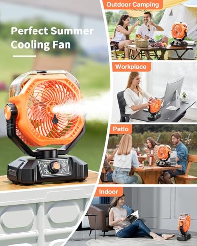 Image of coldSky Rechargeable Portable Mist Fan for Home, 10000mAh Battery Table Fan Big Size with Water Spray, 360mL Water Tank, Dual Mist Modes, LED Lights, 8 Speeds Winds, Kitchen Fans for Cooking Orange