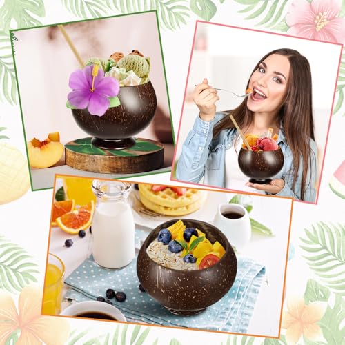 Qinyoung 48 Pcs Coconut Cups Set Include 12 Pcs 13.5oz Coconut Shell Cups, 12 Straws, 12 Turtle Leaves, 12 Hibiscus Flowers Natural Bowls Hawaiian Luau Birthday Party Favor for Drink Ice Cream — view 6