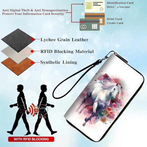 Womens Wallet, PU Leather RFID Cute Wristlet Wallets for Girls Women Ladies Purse Large Credit Card Clutch Purse Card Holder Coin Pocket Travel Wallets with Zipper, Watercolor White Horse3