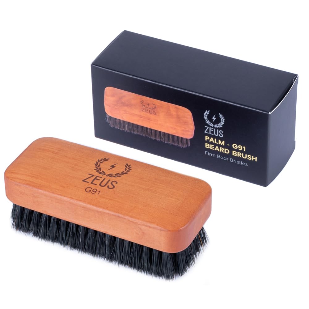 ZEUS Palm Beard Brush for Men, Firm 100% Boar Bristles, Gently Detangles, Smooths & Conditions Facial Hair, German-Made Pear Wood Handle (G91)