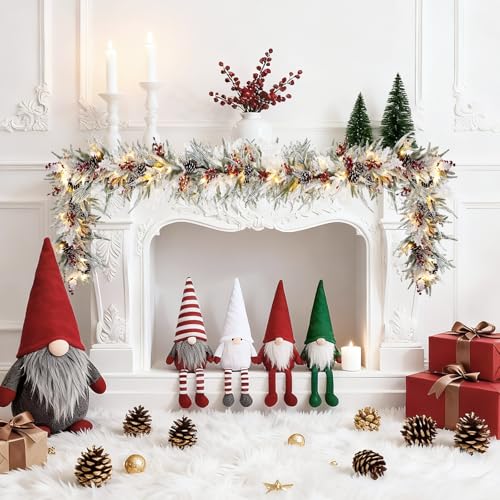 6 FT Pre-lit Christmas Garland with 20 LED Lights & 8 Modes, Artificial Green Rattan Garland with Snow Frost, Pine Cones, Red Berries for Fireplace Mantle, Front Porch, Indoor Outdoor Holiday Decor