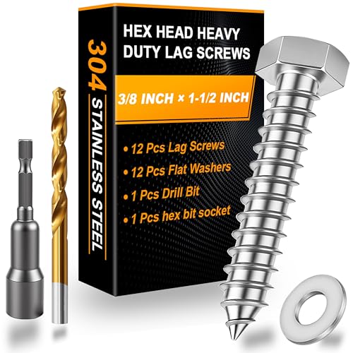 Xpokcai 12 Pcs 3/8" x 1-1/2" Hex Head Lag Screws for Wood, Hex Head Lag Bolts,304 Stainless Steel 18-8 Heavy Duty Wood Screw with Flat Washers (12, 3/8" x 1-1/2")