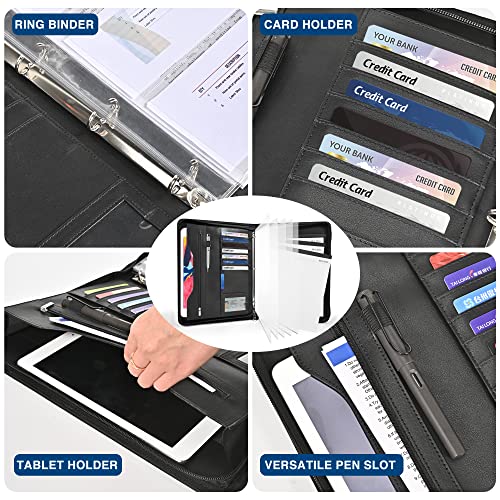 3-ring padfolio portfolio binder organizerpu leather folder binder business planner notebook zippered portfolio for womenmen with document sleevelettera4 size clipboard