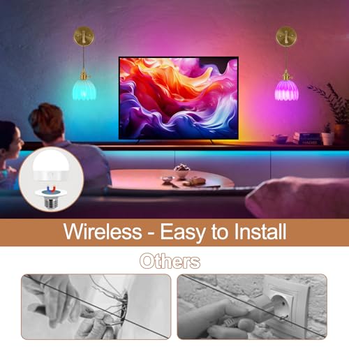 Image of Vintage Battery Operated Wall Sconces Sets Of Two, Indoor not Hardwired Milky White Tulip Glass Lampshade Fixtures, Rechargeable Wireless RGB Wall Lights with Dimmable Remote, for Bedroom Living Room