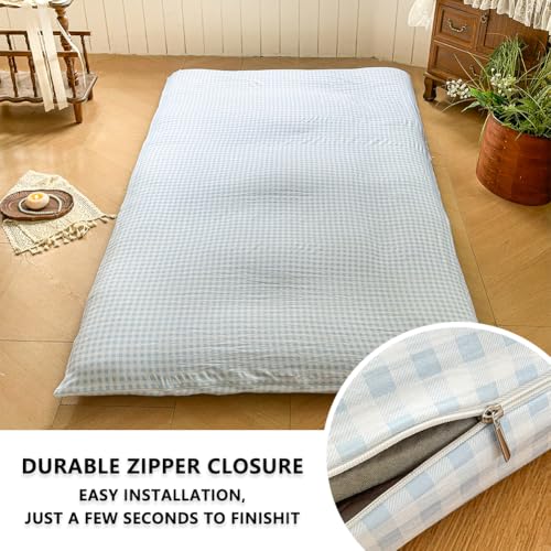 Light Blue Gingham Japanese Floor Mattress Futon Cover Twin for 3-4\" Thick Pad, Checked Plaid Japanese Tatami Mattress Cover,Grid Guest Sleeping Mat for Floor (Light Blue Gingham, Twin)