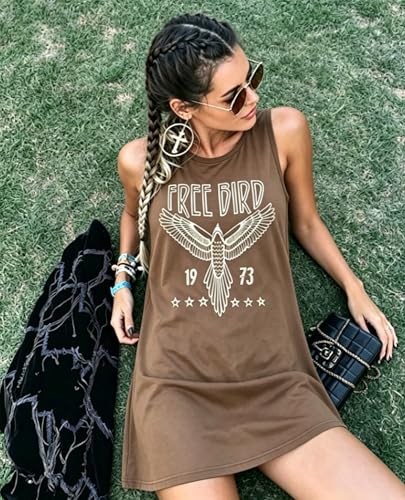 Image of Vintage Rock Country Music Dress for Women Rock Concert Band Graphic Tshirt Casual Letter Print Short Dress