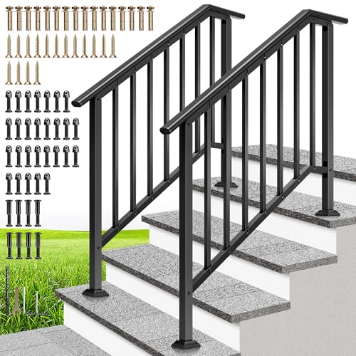 VIVOHOME 2-Pack 4 Step Galvanized Steel Hand Rails for Outdoor Steps – Black Oval and Safety Balusters Exterior Railing for Porch, Deck, or Indoor Stairs, Complete Installation Kit