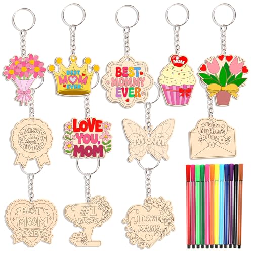 HOWAF Mother's Day DIY Keychain Craft Kit- 24 Wooden Mom