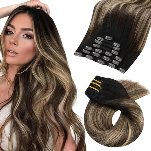 Moresoo Clip in Hair Extensions Real Human Hair Balayage Double