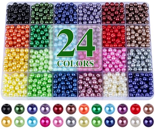 XSEINO About 1200+ PCS 6mm Imitation Pearl Style Glass Beads Bracelet Making Kit 24 Assorted Colors Imitation Pearl Series Crystal Beads for Jewelry Making and DIY Crafts Friendship Bracelets