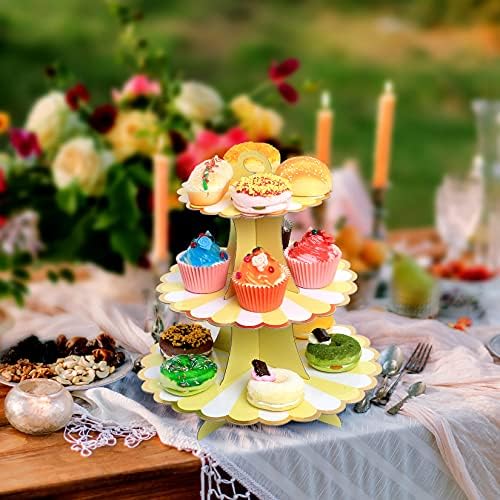 2 Pcs 3 Tiers Cake Display Stand, Cardboard Afternoon Tea Cake Stands, Cup Cake Fruit Dessert Server Plates Stands, Food Serving Platter Holder Tower Stand for Birthday, Wedding, Party - Yellow/Blue
