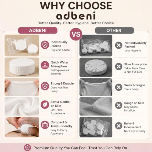 Image of Adbeni Disposable Face Towel Compressed Tablets 40 Pcs, Premium Wipes Hygienic & Chemical Free Pack, Soft Cotton Absorbent Travel Tissue for Makeup Removal, Hand Cleaning, Camping, Beach, Salon