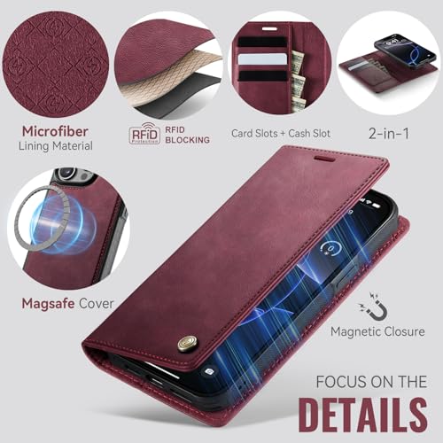 Image of Wallet Case for iPhone 13 Pro Compatible with Magsafe, 2-in-1 PU Leather Flip RFID Blocking Card Holder Stand Shockproof Magnetic Detachable Case for iPhone 13 Pro Case 6.1 inch, Burgundy