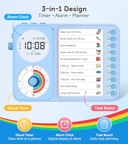 Image of 3-in-1 Visual Timer & ADHD Tool for Kids - ADHD Task Timer for Adults with Visual Schedule, Chore Chart & Planning Board for Home, School, Classroom, Work (Blue)