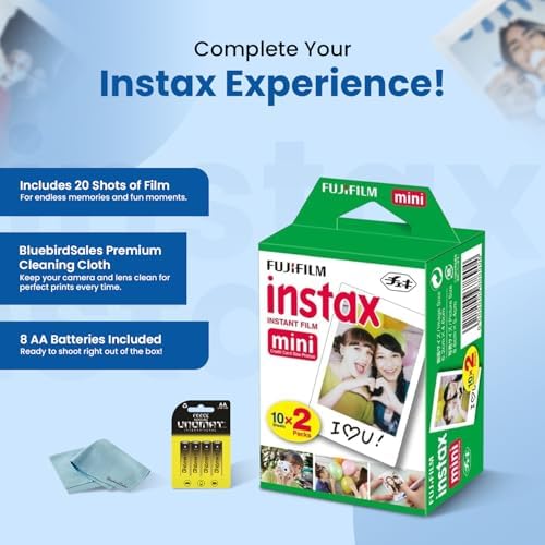 Fujifilm Instax Mini Instant Film, 40 Shots (10 Sheets x 4) – Capture Memories Anytime, Anywhere + BluebirdSales Premium Cleaning Cloth & 8 AA Batteries