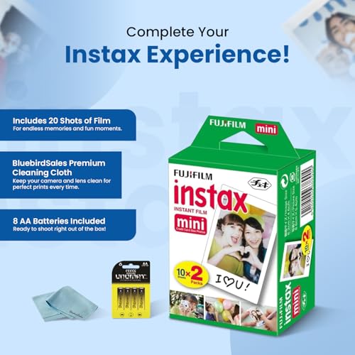 Fujifilm Instax Mini Instant Film, 40 Shots (10 Sheets x 4) – Capture Memories Anytime, Anywhere + BluebirdSales Premium Cleaning Cloth & 8 AA Batteries